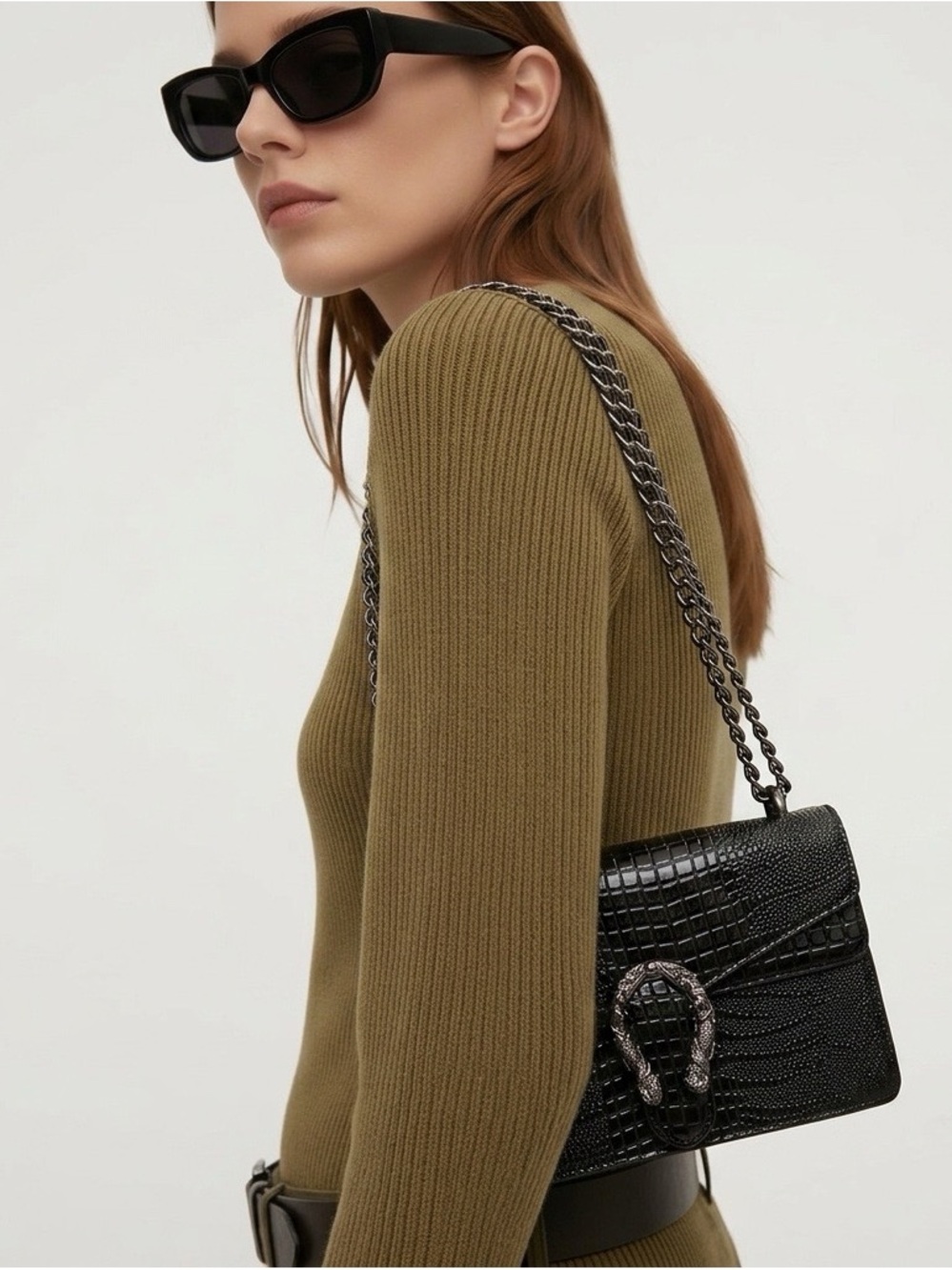 Elegant PU Glossy Black Croc-Embossed Vegan Leather with Adjustable Metal Strap
